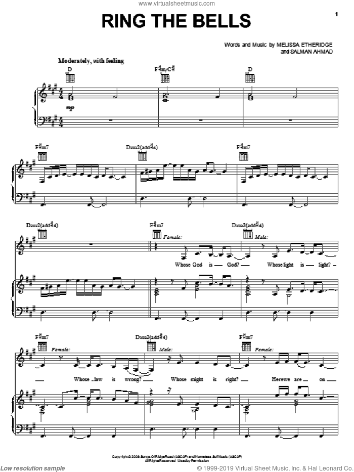 Ring The Bells sheet music for voice, piano or guitar by Melissa Etheridge and Salman Ahmad, intermediate skill level