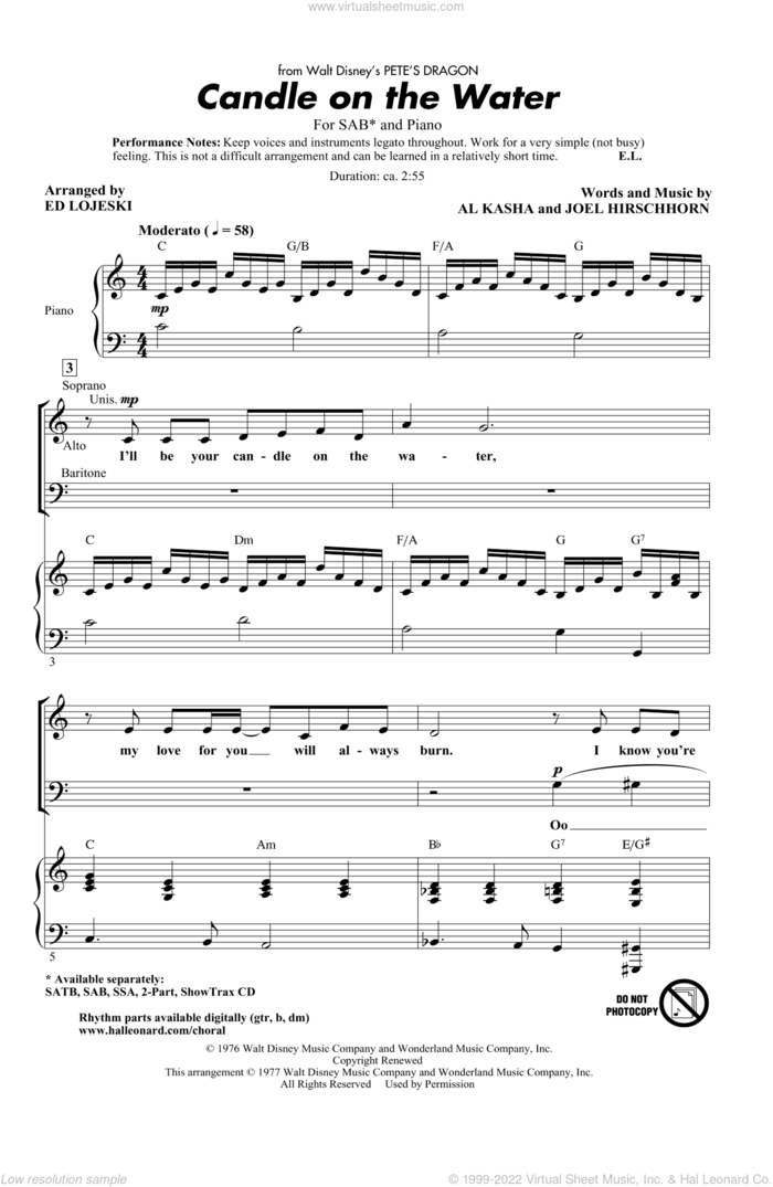 Candle On The Water (from Pete's Dragon) (arr. Ed Lojeski) sheet music for choir (SAB: soprano, alto, bass) by Helen Reddy, Al Kasha, Joel Hirschhorn and Ed Lojeski, intermediate skill level