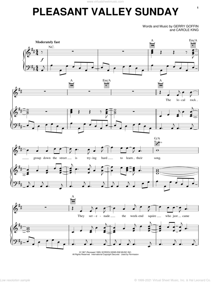 Pleasant Valley Sunday sheet music for voice, piano or guitar by The Monkees, Carole King and Gerry Goffin, intermediate skill level