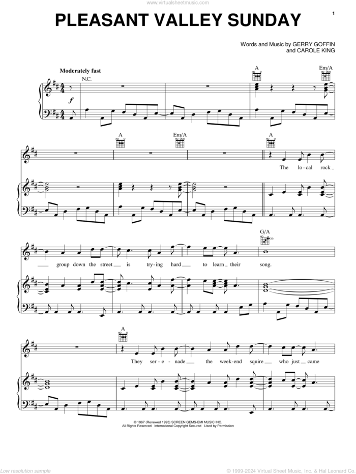 Pleasant Valley Sunday sheet music for voice, piano or guitar by The Monkees, Carole King and Gerry Goffin, intermediate skill level