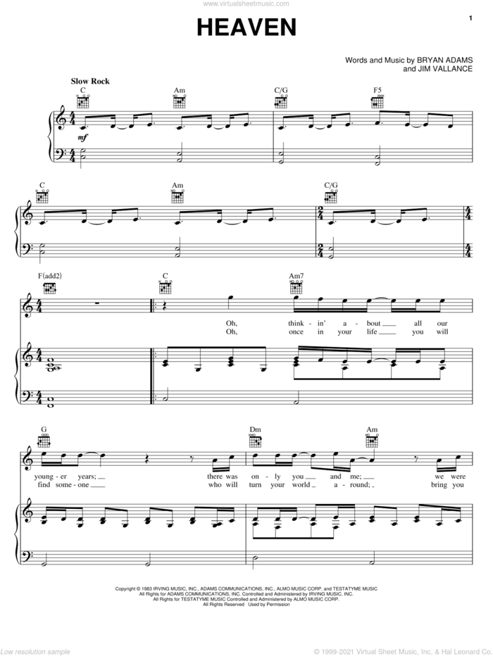 Heaven sheet music for voice, piano or guitar by Bryan Adams and Jim Vallance, intermediate skill level