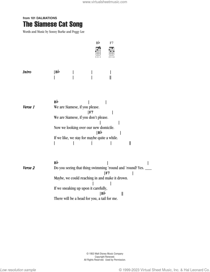 The Siamese Cat Song (from Lady And The Tramp) sheet music for ukulele (chords) by Peggy Lee and Sonny Burke, intermediate skill level