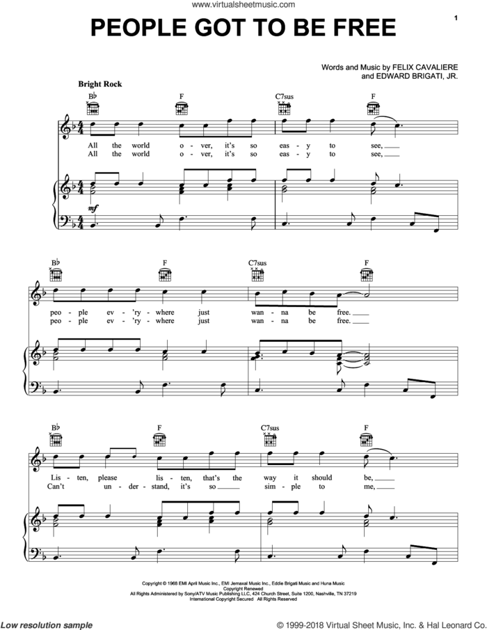 People Got To Be Free sheet music for voice, piano or guitar by The Rascals, Edward Brigati Jr. and Felix Cavaliere, intermediate skill level