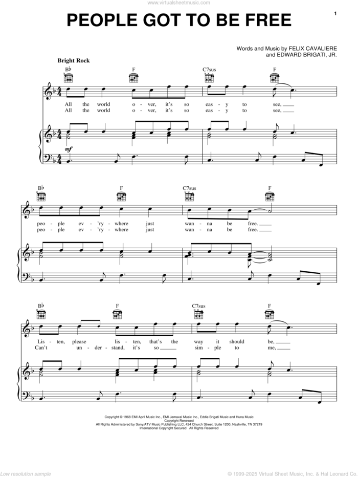 People Got To Be Free sheet music for voice, piano or guitar by The Rascals, Edward Brigati Jr. and Felix Cavaliere, intermediate skill level