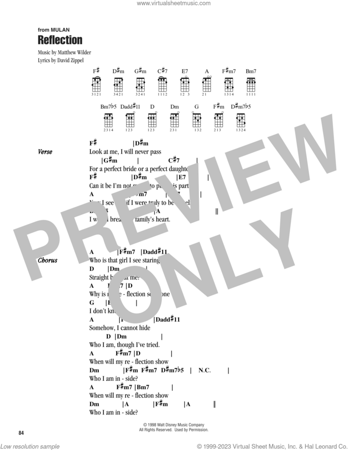 Reflection (from Mulan) sheet music for ukulele (chords) by David Zippel, Christina Aguilera, Matthew Wilder and Matthew Wilder & David Zippel, intermediate skill level
