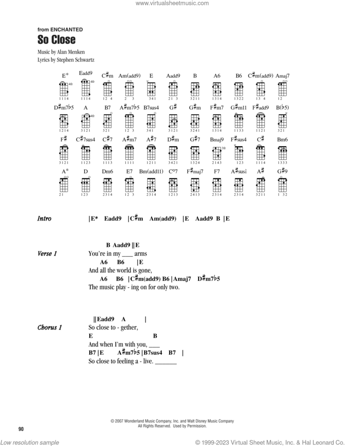 So Close (from Enchanted) sheet music for ukulele (chords) by Alan Menken, John McLaughlin and Stephen Schwartz, intermediate skill level