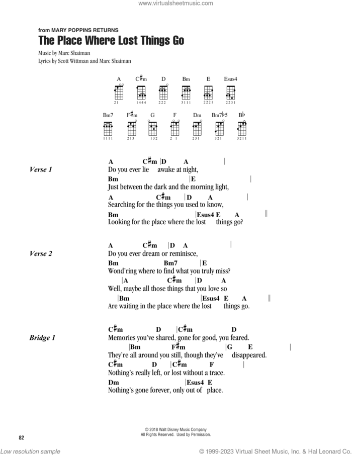 The Place Where Lost Things Go (from Mary Poppins Returns) sheet music for ukulele (chords) by Emily Blunt, Marc Shaiman and Scott Wittman, intermediate skill level