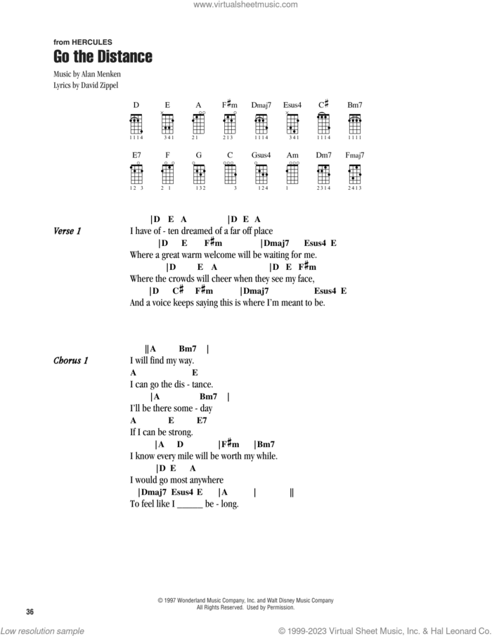 Go The Distance (from Hercules) sheet music for ukulele (chords) by Alan Menken, Michael Bolton and David Zippel, intermediate skill level