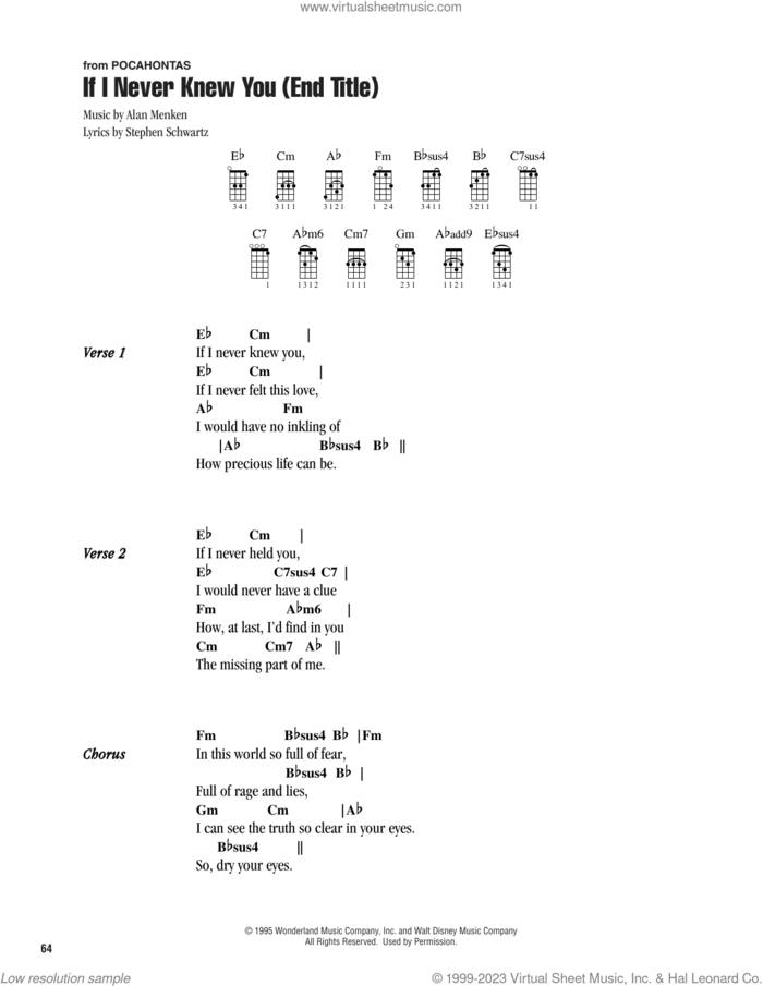 If I Never Knew You (End Title) (from Pocahontas) sheet music for ukulele (chords) by Jon Secada and Shanice, Alan Menken and Stephen Schwartz, intermediate skill level