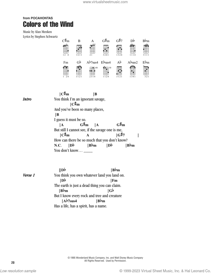 Colors Of The Wind (from Pocahontas) sheet music for ukulele (chords) by Alan Menken, Vanessa Williams and Stephen Schwartz, intermediate skill level