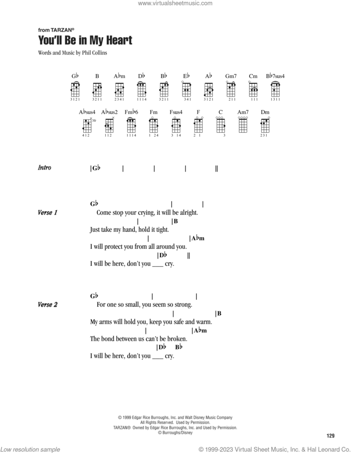 You'll Be In My Heart (from Tarzan) sheet music for ukulele (chords) by Phil Collins, intermediate skill level