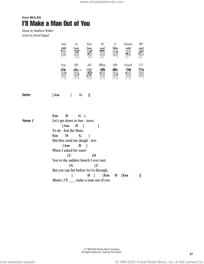 I'll Make A Man Out Of You (from Mulan) sheet music for ukulele (chords) by David Zippel and Matthew Wilder, intermediate skill level