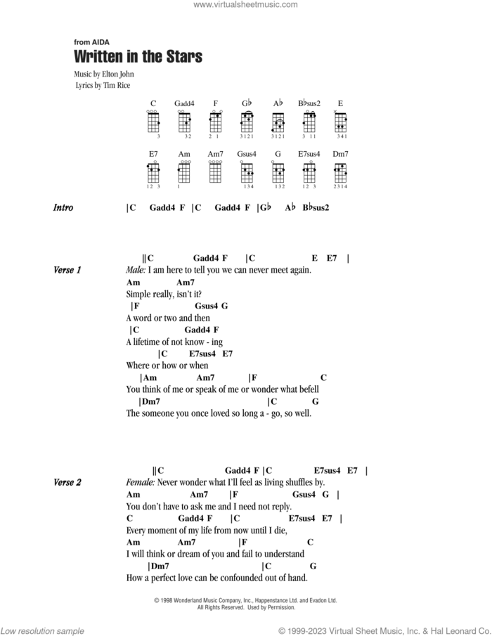 Written In The Stars (from Aida) sheet music for ukulele (chords) by Elton John and Tim Rice, intermediate skill level