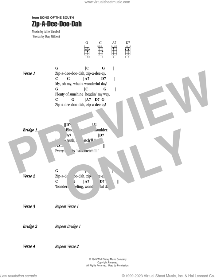 Zip-A-Dee-Doo-Dah sheet music for ukulele (chords) by Ray Gilbert and Allie Wrubel, intermediate skill level