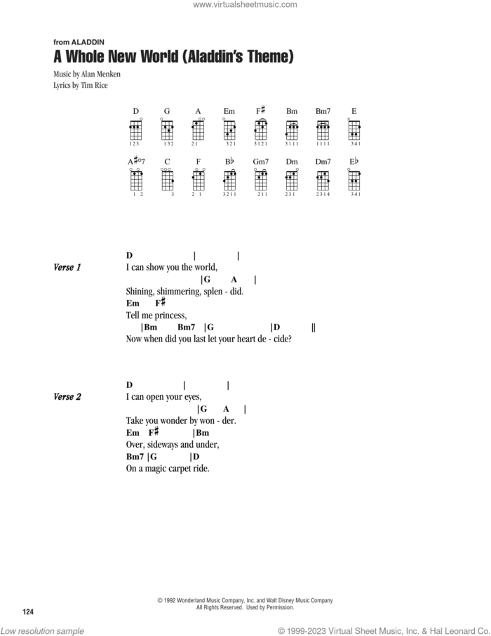 A Whole New World (from Aladdin) sheet music for ukulele (chords) by Alan Menken, Peabo Bryson and Regina Belle, Alan Menken & Tim Rice and Tim Rice, intermediate skill level