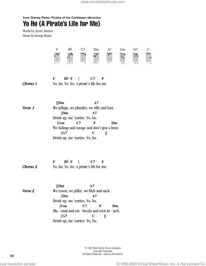 Yo Ho (A Pirate's Life For Me) sheet music for ukulele (chords) by George Bruns and Xavier Atencio, intermediate skill level