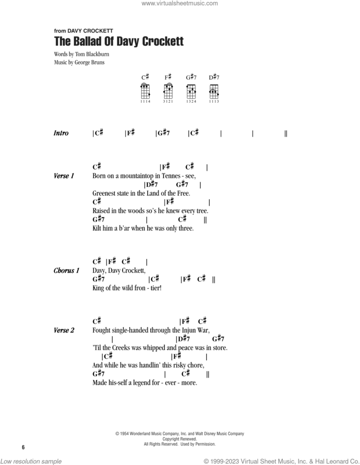 The Ballad Of Davy Crockett (from Davy Crockett) sheet music for ukulele (chords) by Fess Parker, Tennessee Ernie Ford, George Bruns and Tom Blackburn, intermediate skill level