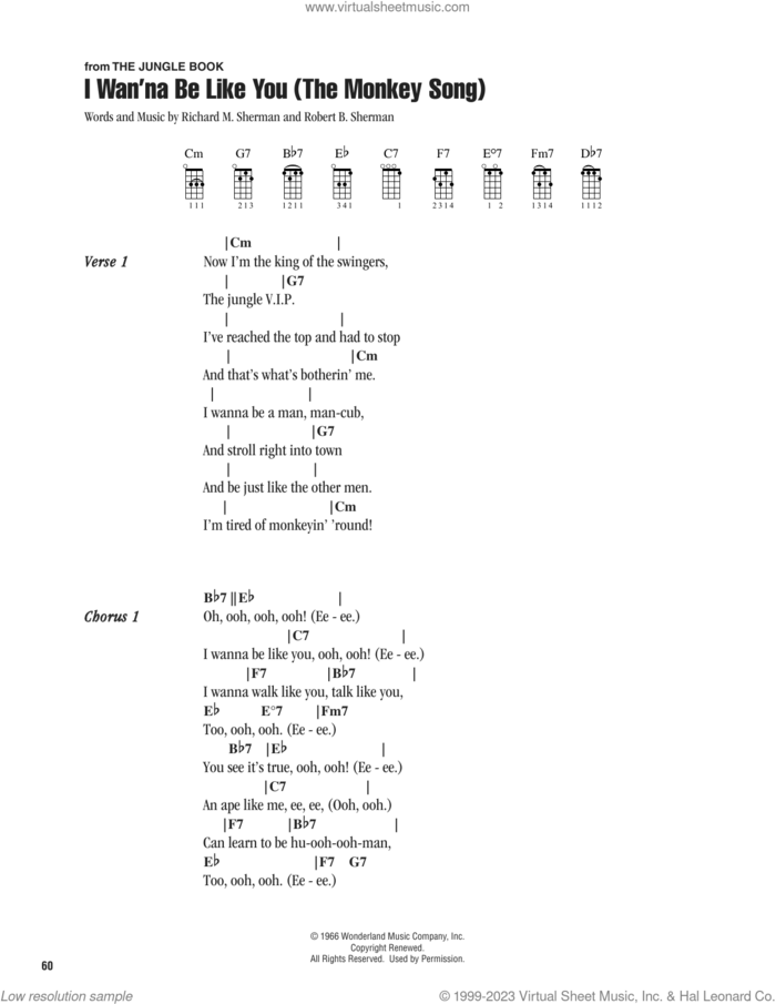 I Wan'na Be Like You (The Monkey Song) (from The Jungle Book) sheet music for ukulele (chords) by Richard M. Sherman, Robert B. Sherman and Sherman Brothers, intermediate skill level