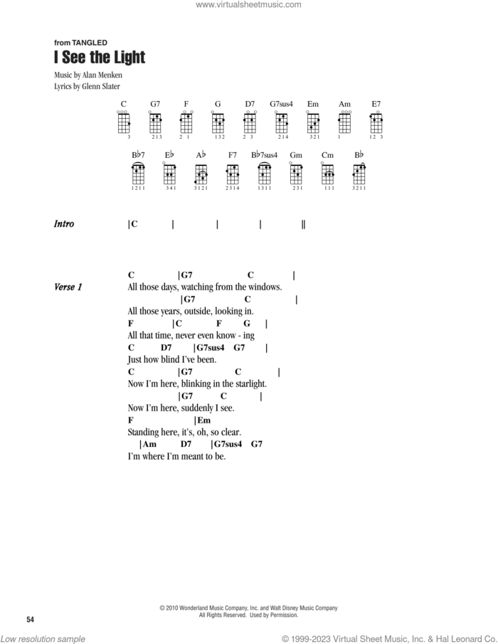 I See The Light (from Tangled) sheet music for ukulele (chords) by Alan Menken and Glenn Slater, intermediate skill level