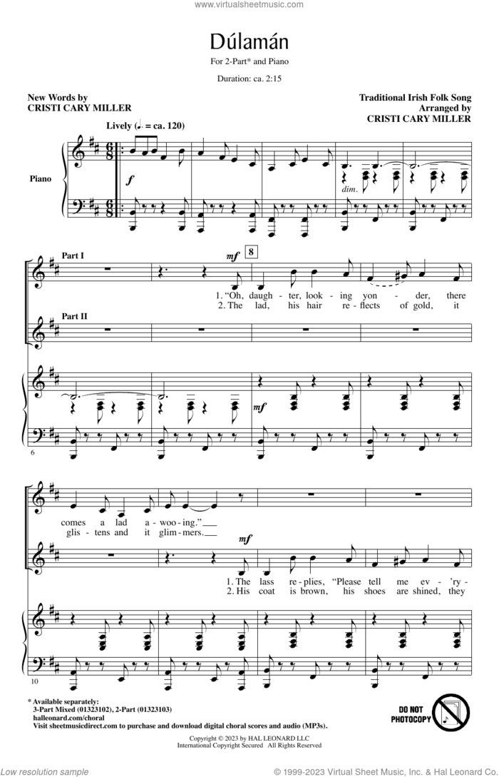 Dulaman (arr. Cristi Cary Miller) sheet music for choir (2-Part) by Irish Folk Song and Cristi Cary Miller, intermediate duet