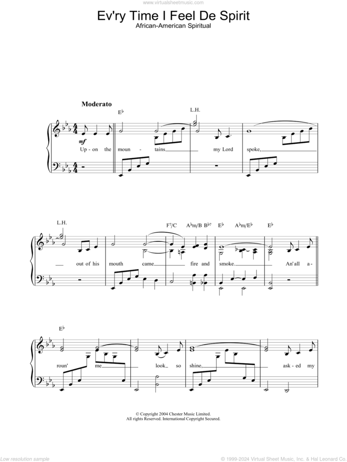 Ev'ry Time I Feel De Spirit sheet music for piano solo, easy skill level