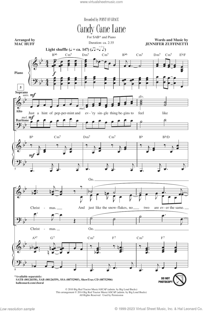 Candy Cane Lane (arr. Mac Huff) sheet music for choir (SAB: soprano, alto, bass) by Point Of Grace, Mac Huff and Jennifer Zuffinetti, intermediate skill level