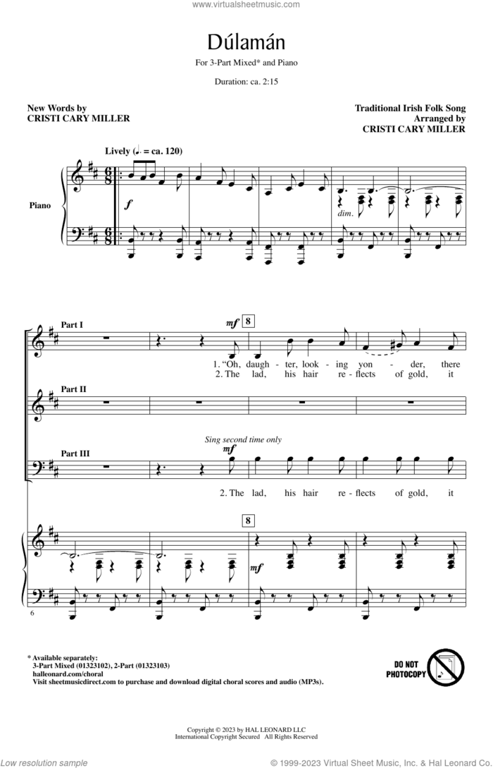 Dulaman (arr. Cristi Cary Miller) sheet music for choir (3-Part Mixed) by Irish Folk Song and Cristi Cary Miller, intermediate skill level