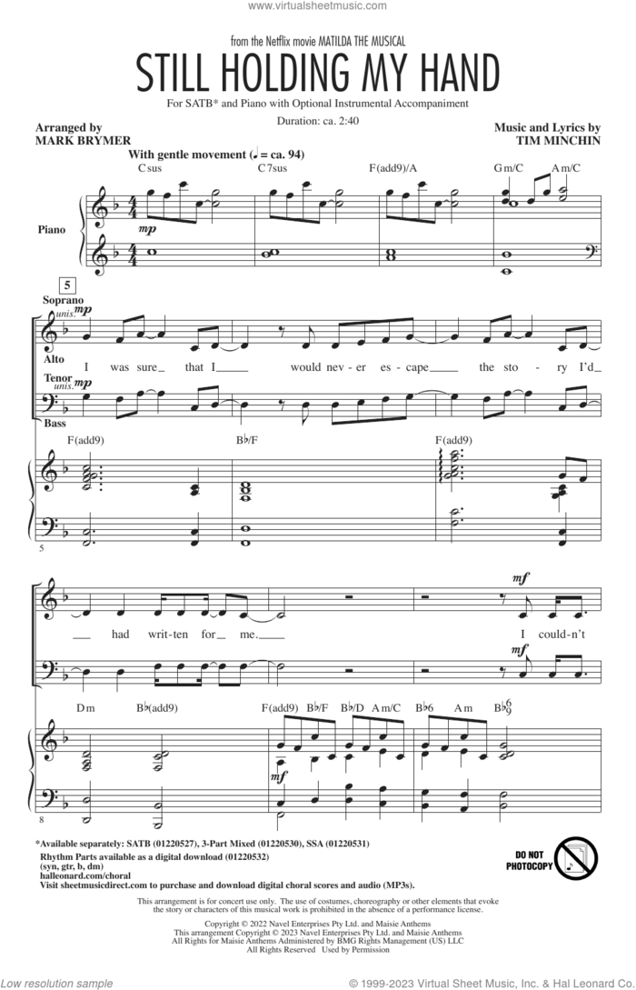 Still Holding My Hand (from Matilda The Musical) (arr. Mark Brymer) sheet music for choir (SATB: soprano, alto, tenor, bass) by Tim Minchin and Mark Brymer, intermediate skill level