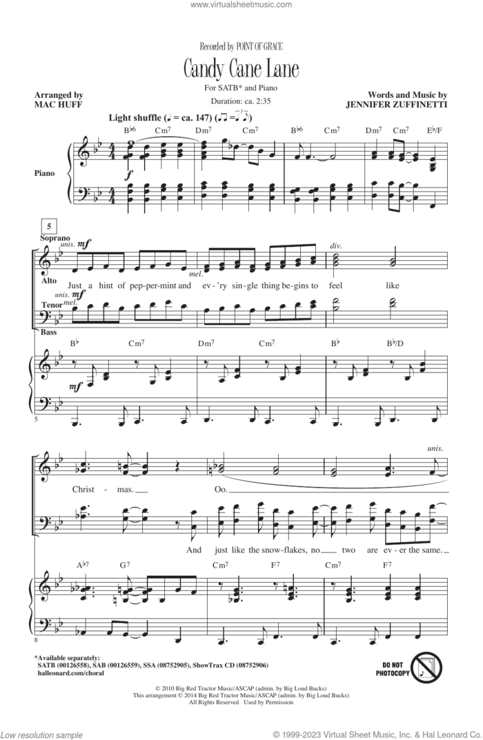 Candy Cane Lane (arr. Mac Huff) sheet music for choir (SATB: soprano, alto, tenor, bass) by Point Of Grace, Mac Huff and Jennifer Zuffinetti, intermediate skill level