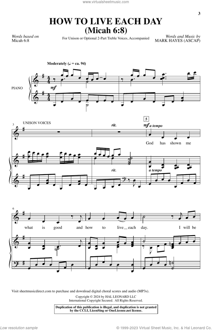 How To Live Each Day sheet music for choir (2-Part) by Mark Hayes and Micah 6:8, intermediate duet