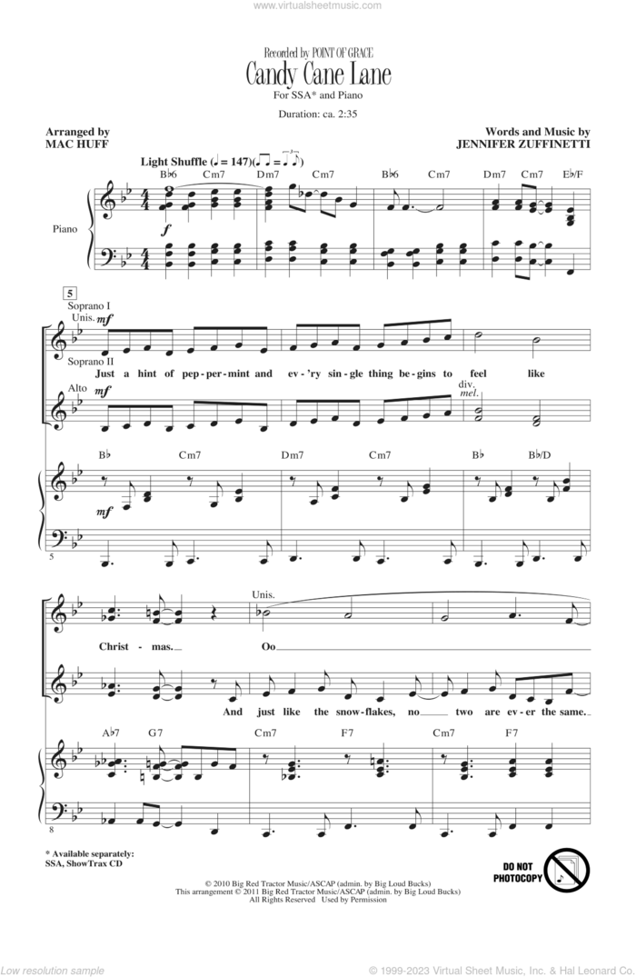 Candy Cane Lane (arr. Mac Huff) sheet music for choir (SSA: soprano, alto) by Point Of Grace, Mac Huff and Jennifer Zuffinetti, intermediate skill level
