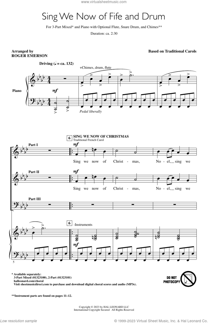 Sing We Now Of Fife And Drum sheet music for choir (3-Part Mixed) by Roger Emerson and Traditional Carols, intermediate skill level
