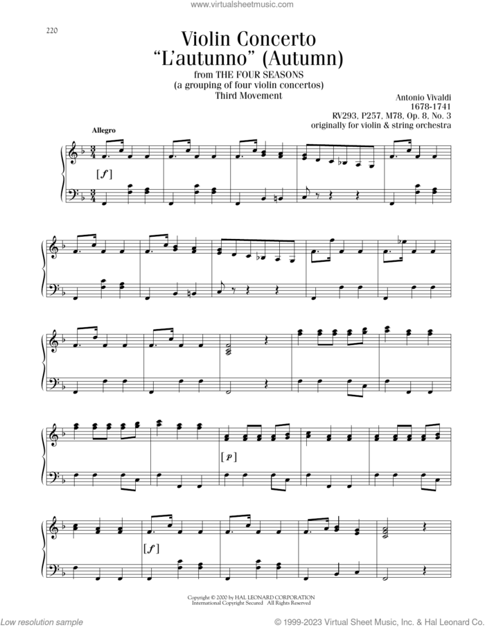 The Four Seasons ('Autumn'), Third Movement Excerpt sheet music for piano solo by Antonio Vivaldi, classical score, intermediate skill level