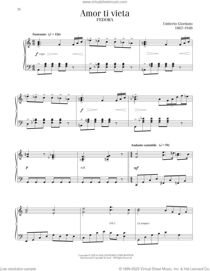 Amor Ti Vieta sheet music for piano solo by Umberto Giordano, classical score, intermediate skill level