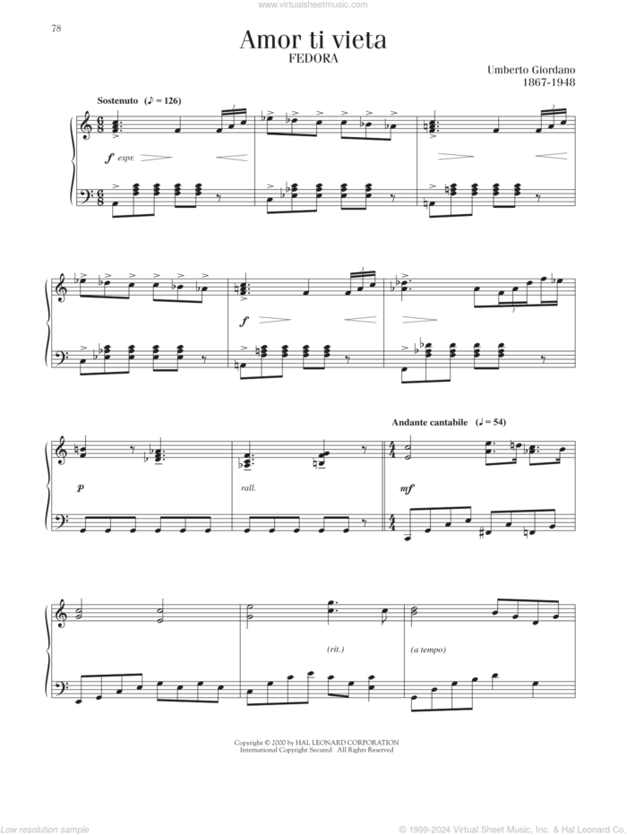 Amor Ti Vieta sheet music for piano solo by Umberto Giordano, classical score, intermediate skill level