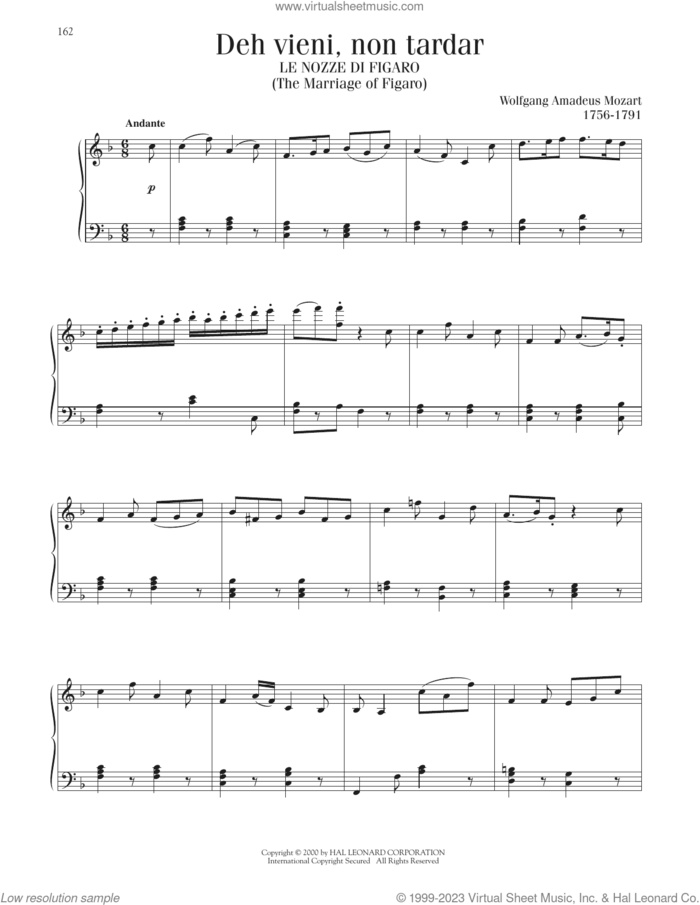 Deh Vieni, Non Tardar (The Marriage Of Figaro) sheet music for piano solo by Wolfgang Amadeus Mozart, classical score, intermediate skill level