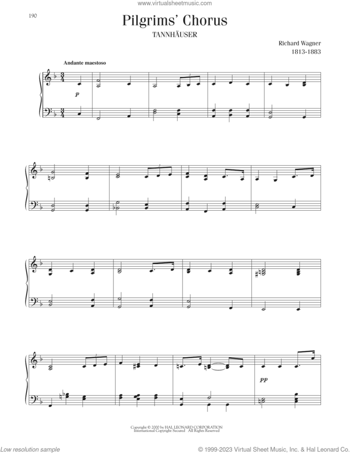 Pilgrims' Chorus sheet music for piano solo by Richard Wagner, classical score, intermediate skill level