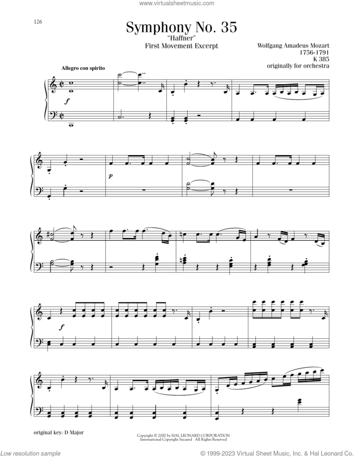 Symphony No. 35 ('Haffner'), First Movement Excerpt sheet music for piano solo by Wolfgang Amadeus Mozart, classical score, intermediate skill level