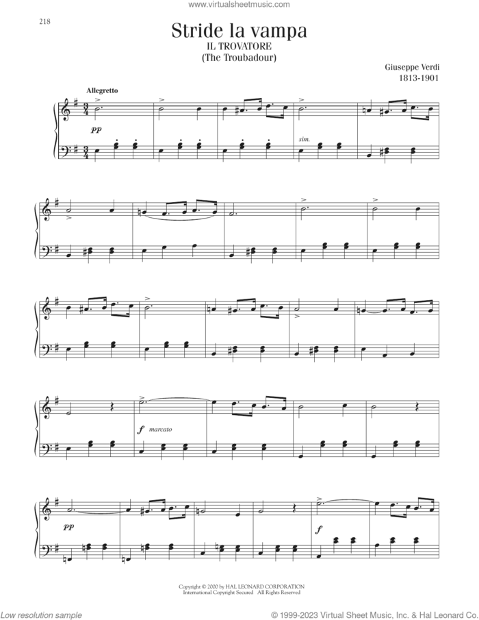 Stride La Vampa sheet music for piano solo by Giuseppe Verdi, classical score, intermediate skill level
