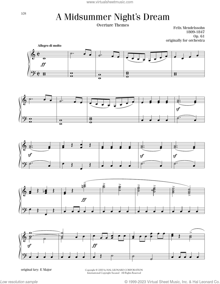 A Midsummer Night's Dream Overture, Excerpt sheet music for piano solo by Felix Mendelssohn-Bartholdy, classical score, intermediate skill level