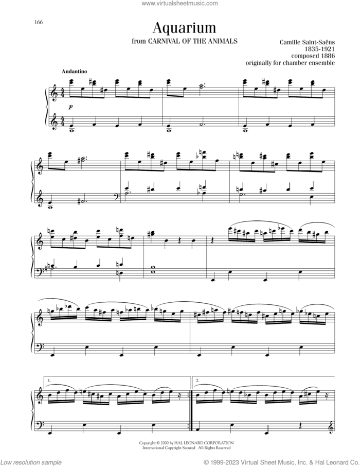 The Aquarium sheet music for piano solo by Camille Saint-Saens, classical score, intermediate skill level