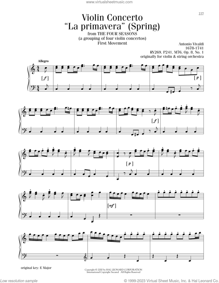 Allegro I, RV 269 ('Spring') sheet music for piano solo by Antonio Vivaldi, classical wedding score, intermediate skill level