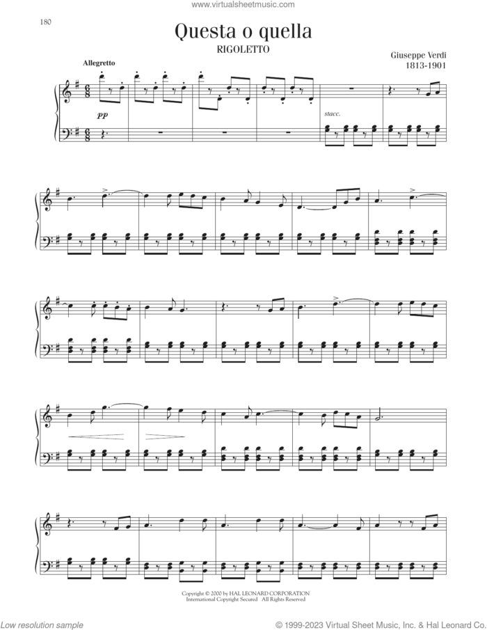 Questa O Quella sheet music for piano solo by Giuseppe Verdi, classical score, intermediate skill level