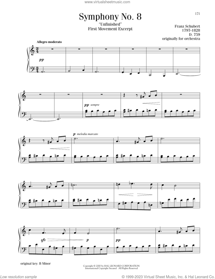 Symphony No. 8 ('Unfinished'), First Movement Excerpt sheet music for piano solo by Franz Schubert, classical score, intermediate skill level