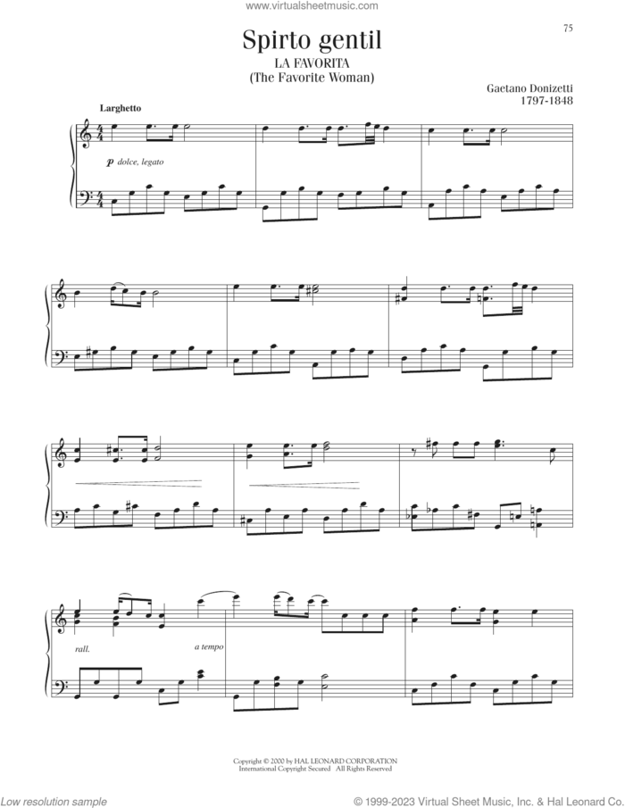 Spirto Gentil sheet music for piano solo by Gaetano Donizetti, classical score, intermediate skill level