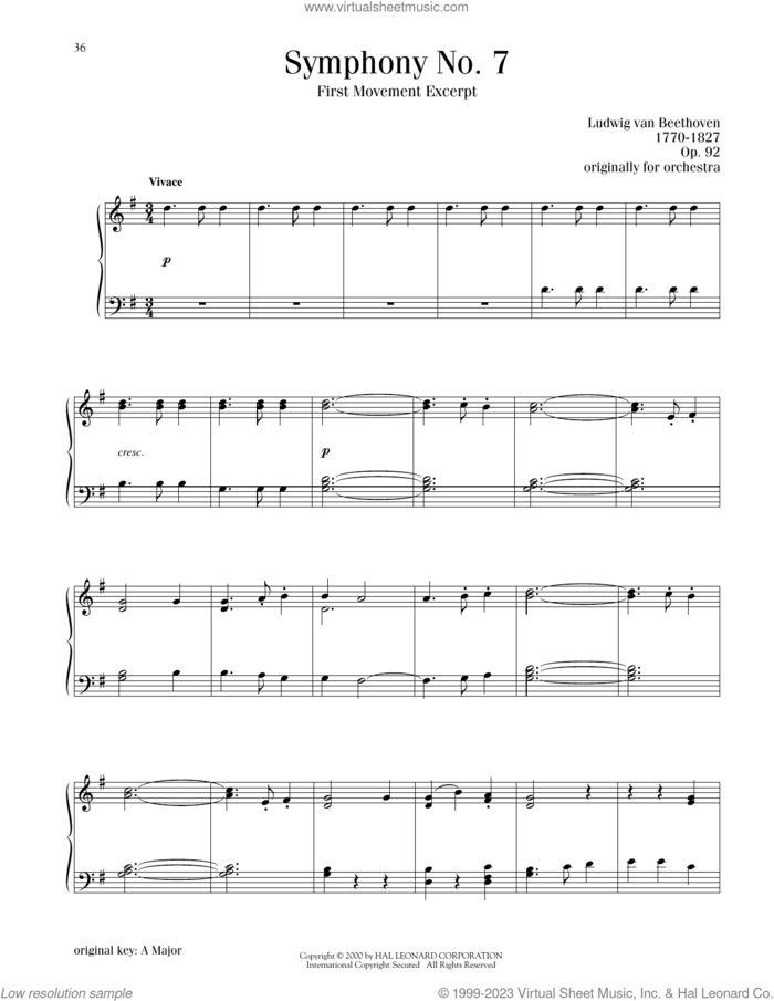 Symphony No. 7 In A Major, First Movement Excerpt sheet music for piano solo by Ludwig van Beethoven, classical score, intermediate skill level