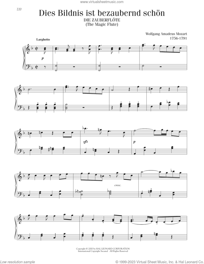 Dies Bildnis Ist Bezaubernd Schon sheet music for piano solo by Wolfgang Amadeus Mozart, classical score, intermediate skill level