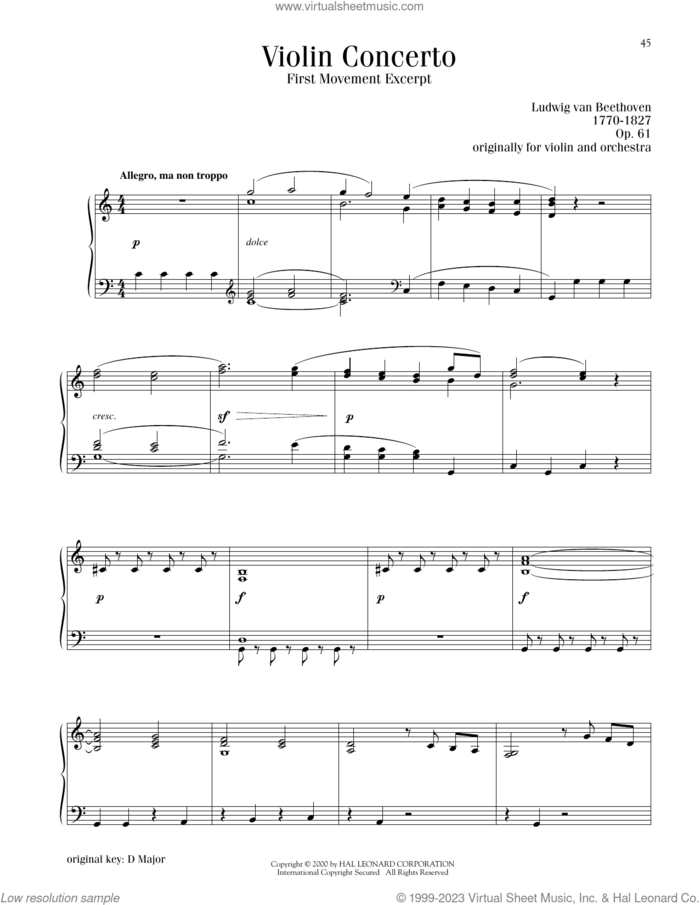 Violin Concerto In D Major, Op. 61, (intermediate) sheet music for piano solo by Ludwig van Beethoven, classical score, intermediate skill level