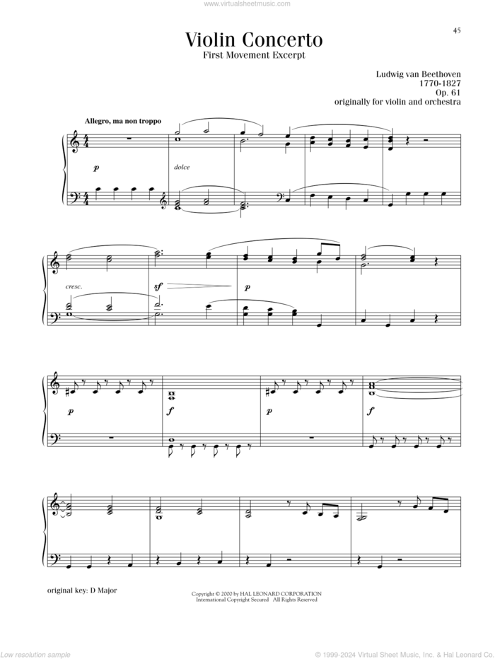 Violin Concerto In D Major, Op. 61, (intermediate) sheet music for piano solo by Ludwig van Beethoven, classical score, intermediate skill level