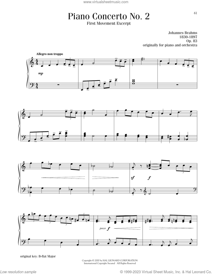 Piano Concerto No. 2, First Movement Excerpt sheet music for piano solo by Johannes Brahms, classical score, intermediate skill level